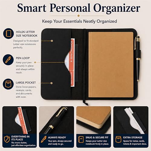 TheAntiq Black Leather Journal Cover XXL – Handmade Refillable Notebook Holder with Pen Loop, Leather Travel Writing Diary Cover for Office, Business & Gift Use 8.5 x 11