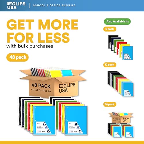 VEEBOOST College Ruled Spiral Notebooks Bulk Spiral Bound Notebooks for Work 1 Subject Notebook 6 Color Assortment 3 Hole Perforated 70 Sheets 140 pages 10.5" x 8" (48 pack)