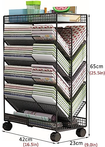 YHKJLYH 6 Tier V Shaped Rolling Book Cart with Lockable Wheels for Home Office Black Color Movable Desk Side Bookshelf for Library Bedroom Study Living Room