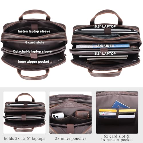 Masa Kawa Leather Laptop Briefcase for Men 15.6" Computer Messenger Bag