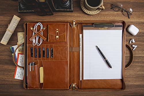 GZRHKJ Oil Wax Leather Portfolio, Padfolio Organizer with Handle, Personalized Padfolio，Padfolio With Zipper for Men Women，Suitable for 15-inch Laptop Legal Pad Padfolio, Brown