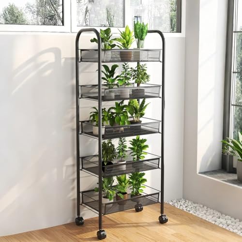 5-Tier Rolling Storage Organizer, Mobile Utility Cart with Wheels, Multifunctional Shelving Unit for Kitchen, Bathroom, Living Room, Office – Easy Assembly, Black (Black)