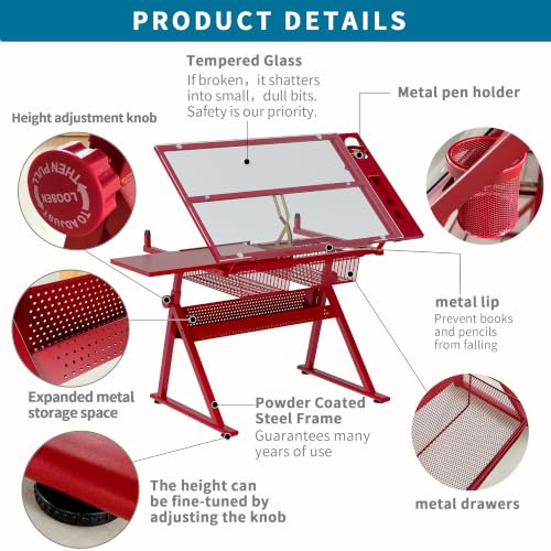 SRECELL Adjustable Drafting Table with Chair, Tempered Glass Art Desk with 0-75° Tilt Desktop, 2 Metal Drawers and Side Storage Rack for Drawing, Painting, Crafting and Design