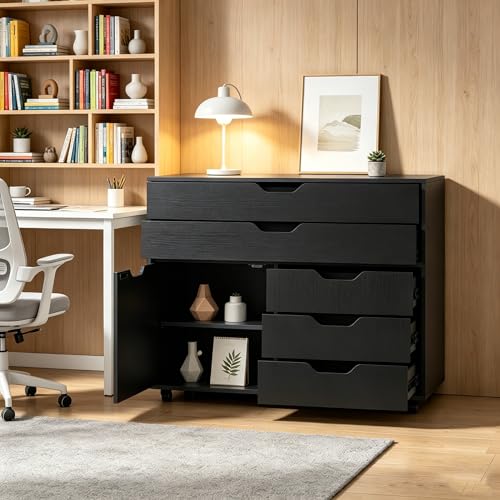 LOKO 5-Drawer Mobile File Cabinet, Wood Office Storage Cabinet (Black)