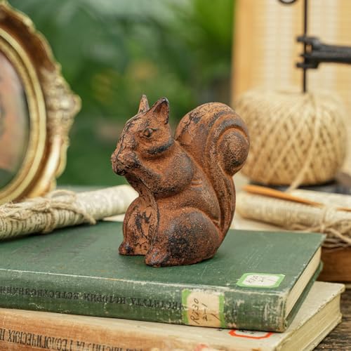 Sungmor Cast Iron Rust Squirrel Statue, Multi-Purpose Paperweight Doorstop