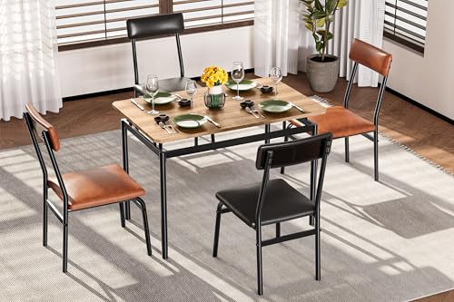 Garvee 5 Piece Dining Set for 4, Wooden Table with PU Chairs, Metal Frame