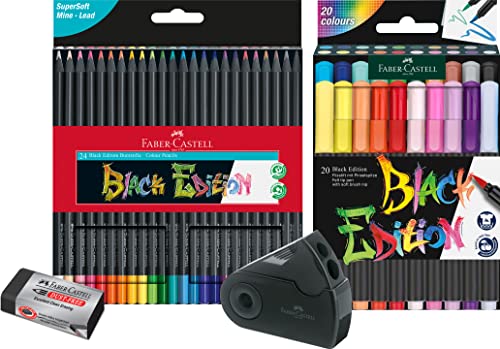 Faber-Castell - Blackwood Colouring Pencils, Pack of 24, Bright Colours with Soft Touch, Black Wood (24 Colouring Set) Including Felt Tip Pen Black Edition 20, Pencil Case Sleeve and Eraser Dust-Free
