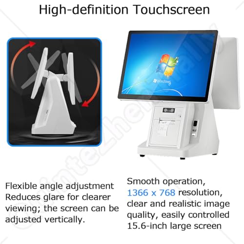 QuinteZhenTially 15.6-Inch Multi-Touch Main Display,Dual Screen All-in-One Pos Cashier Register,8gb Ram,256gb Ssd,Cash Registers for Commercial & Retail,Restaurants,Cafes,Other Venues 58mmprinter