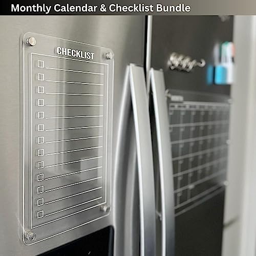 Magnetic Acrylic Calendar for Fridge Set - Magnetic Fridge Calendar Dry Erase Planner with Checklist Planning Board - Refrigerator Weekly Monthly Acrylic Whiteboard with Markers & Microfiber Cloth