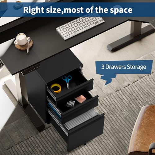 3-Drawer Mobile File Cabinet with Lock, Under Desk Lateral Filing Cabinet for Legal/Letter/A4, Adjustable Shelf, Easy Assembly, Office or Home Storage, Dark Black