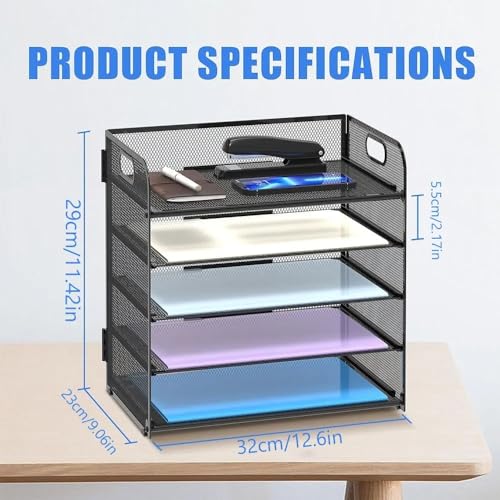 Desk File Organizer, 5-Layer Grid Desktop with Handles, Paper Sorter, Thick Black