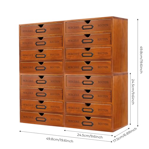 BRICZUNA 4PCS Apothecary Cabinet with 16 Drawers Multi Drawer Organizer Library Card Catalog Cabinet Wooden Storage Drawers Flat Files for Art Storage, 19.6 * 6.89 * 19.6in