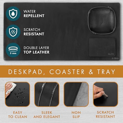 ELIZO Leather Desk Pad Real Leather Desk Mat Thick (3mm) Double Layer (32x16) Cover Blotter Desk Protector Large Computer Mat for Keyboard Mouse Pad Table Laptop Mat Office Accessories - Carbon