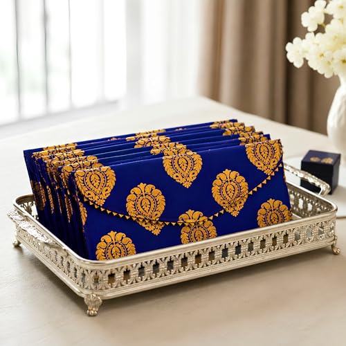 LoveNspire Brocade Fabric Money Envelopes (8 x 4 Inch) Decorative Floral Pattern Shagun Lifafa for Indian Wedding, Birthday | Cash Gift Holder & Home Savings Organizer Blue/Pack of 10
