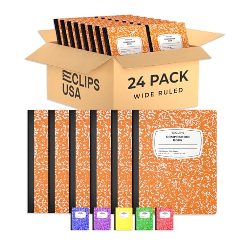 Composition Notebook Wide Ruled Composition Notebooks Bulk Orange Marble Hard Cover Wide Ruled Notebook Paper Note Books For Schools Marble Composition Books 100 Sheets 200 Pages 9.75” x 7.25” (24 Pack, Orange)