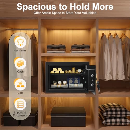 Safe Box for Home, Small Steel Security Safe with Digital Keypad Lock, Money Cash Jewelry Storage Safe for Office Hotel Dorm Room, Wall Mount Design, Emergency Key Backup, Black, 13.78 x 9.84 x 9.84 I