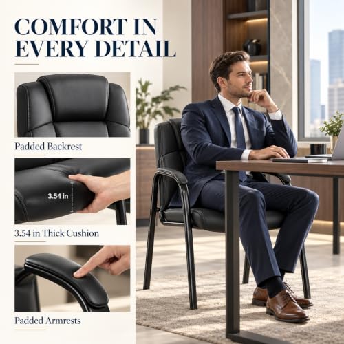Simple Deluxe Office Guest Chair with Padded Arm Rest No Wheels, Waiting Room Reception Leather Stationary Chairs for Conference Room, Lobby, Home, Desk Table Side, Dining, 2 Pack Thickened Cushion