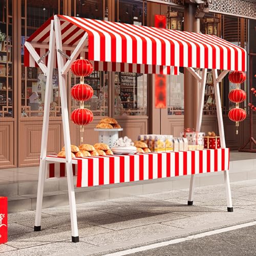MLYAYE Retail Display Stand Red Green for Vendor Booth, Portable Carbon Steel Folding Shop Concession Stall Shelf with Awning & Tablecloth for Selling Food/Market Vending(Red,L 43 inch)