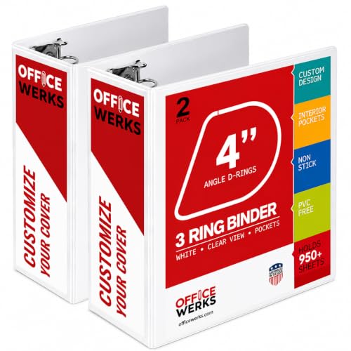 4 Inch 3 Ring Binder 2 Pack, Holds 800 Sheets, Heavy Duty D Ring, White