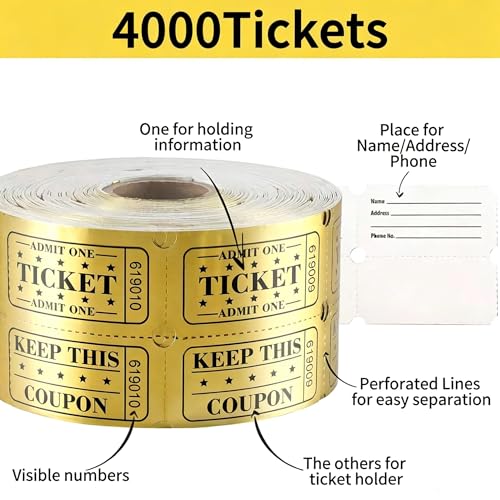 Golden Raffle Tickets – 4000 Tickets, 4 Double Rolls, Metallic Gold Foil Tickets for Carnivals, Events, Classroom Rewards, Family Games, Entry, Bingo, Auction & Door Prizes