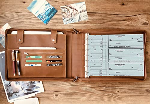 Leather Business Check Binder 7 Ring, Zippered Business Checkbook Cover, Premium Check Book Holder, 600 Checks Capacity for 9 x 13 inch Sheets Custom Name/Logo