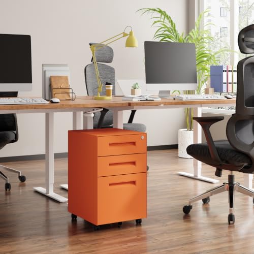 Dripex 3 Drawer Metal Rolling File Cabinet Under Desk Filing Cabinet Orange