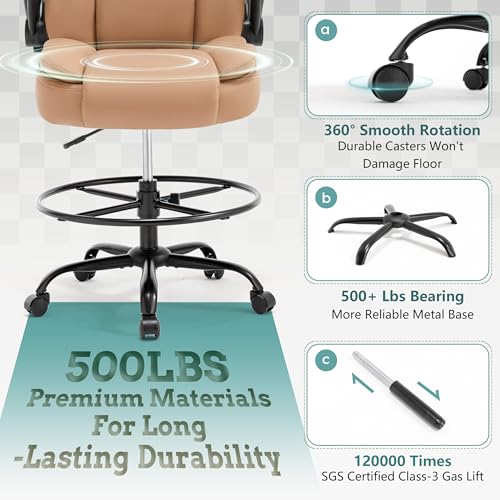 Ergonomic Drafting Chair, Tall Office Chair for Standing Desk, High Back Standing Desk Chair with Flip-Up Armrest, Adjustable Height&Foot Ring, Executive Extended Height Office Chairs,PU Leather Brown