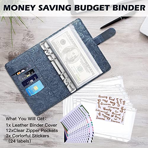 ONMYJFD A6 Budget Binder Money Saving Cash Envelope Planner with 8 Binder Zipper Pockets,12 Expense Budget Sheets and 2 Label Stickers