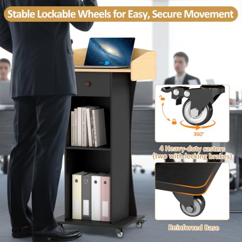 Baoz Portable Podium Stand with Lockable Wheels for Classroom(Yellow Black)