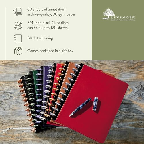 Levenger Circa Premium Leather Foldover Discbound Notebook Journal with Pockets, Red, Letter