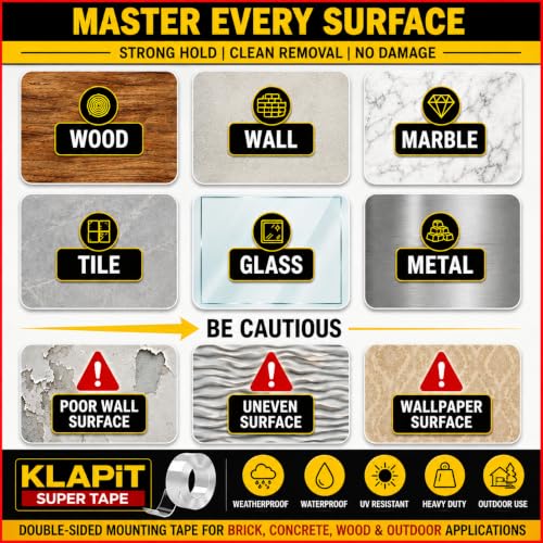 KLAPiT Tough Super Heavy Duty Double Sided Tape (16.40FT/5M) – Waterproof Removable Mounting Tape | 450lb Hold Weatherproof Nano Tape for Home Decor, Kitchen, Classroom Must Haves & Office (Pack of 2)