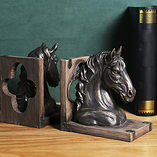Decorative bookends,Decorative Bookends Classic Horse Head Bookends 1 Pair of Sculptures Decorative Desktop Book Stopper Supports Resin Vintage Bookend for Office Bookshelf Book Ends