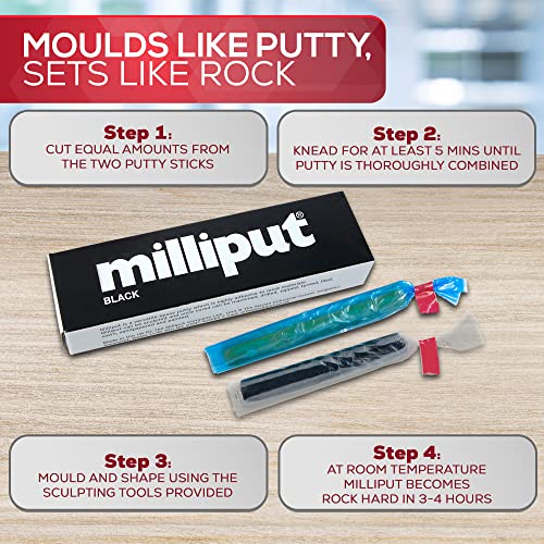 Milliput Epoxy Putty 10 Piece Set, Black Version - with Sculpting Tools, Sanding Pad and Gloves - Air Dry Moldable Plastic Plumbers Clay - Ceramic Tile, Marble and Quartz Countertop Chip Repair Kit