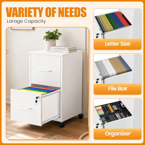 Yukimo 2 Drawer File Cabinet with Wheels, Metal Mobile Filing Cabinets with Lock, Vertical File Cabinet for Home Office, Rolling Storage Cabinet for A4/Letter/Legal Size File, Assembly Required, White