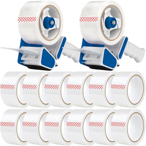 2 Pack Heavy Duty Packing Tape Dispenser Gun with 12 Pack Clear Packaging Tapes, 2 Inch Packaging Tape with Dispenser for Carton Sealing, Moving Boxes, Shipping (Blue)