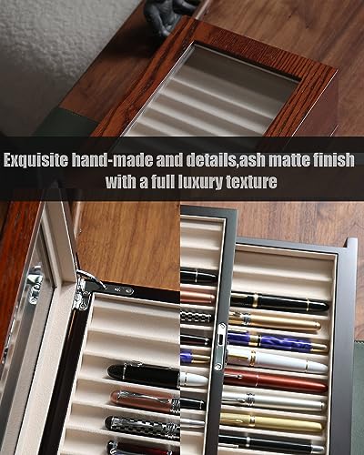 Besforu wood pen display case 36 slot Fountain pen Box storage Organizer with drawer, Top Glass Window Pen Collection Display Case
