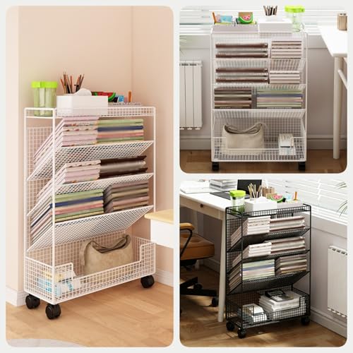 Metal Rolling Book Cart, 5 Tier Slim Book Rack Storage Bookshelf with Wheels, Large Capacity Mobile Multfunctional Library Cart for Storing Books Magazines Newspapers(Black)