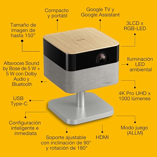 Epson Lifestudio Flex EF-72 Oak Portable Smart Projector, Sound by Bose, Google TV, 4k Pro-UHD, Adjustable Stand, Indoor and Outdoor Use, 5 Year Device Protection*