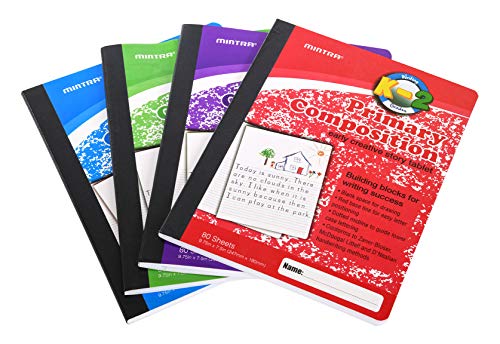 Mintra Primary Composition Notebook, 24 units 6-4 Pack, Assorted Colors, 80 Sheets, 7.5in x 9.75in, 1/2 Sheet, Ruled with Drawing Area, Flexible Hardcover Journal, Grades K-2, School & Home Use