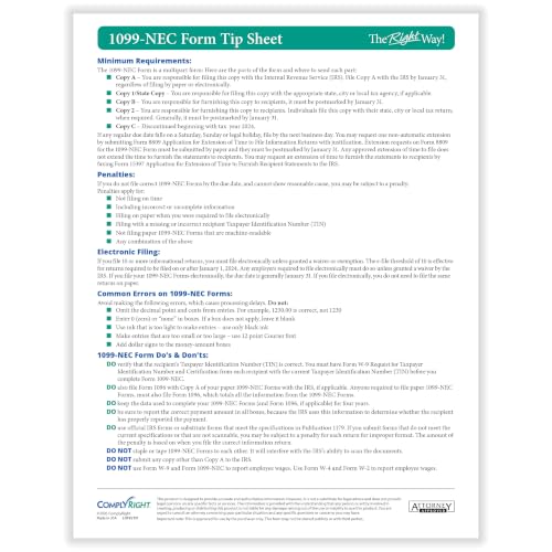 ComplyRight TaxRight Set 1099-NEC (4-Part) with Self-Seal Envelopes, No Software, 50-Pack, Tax Filing for Business