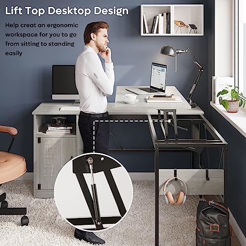 Bestier Versatile 60 Inch L-Shaped Standing Desk, Lift Top Corner Desk Extending to 95 Inches with Storage Cabinet and Hooks for Home Office, Washed White