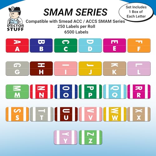 Doctor Stuff - File Folder Labels, Alphabet Letter, Complete Set A - Z, with Tray, Compatible with Smead Alpha-Z Acc/ACCS - SMAM Series Alpha Stickers 1-5/8" x 1", 26 Rolls, 250/Roll