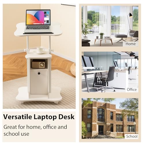 Tangkula Mobile Laptop Podium, Height Adjustable Sit to Stand Desk with Tilting Desktop & Storage Cabinet, Ergonomic Rolling Lectern Cart Laptop Desk, Office Podium Stand on Wheels