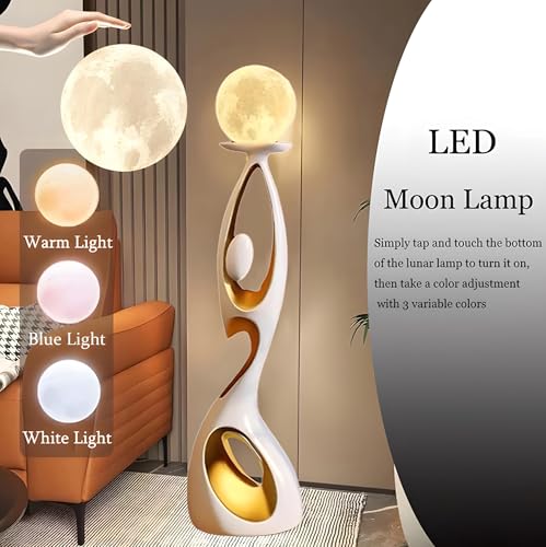 EOQIFJM Modern Nordic Abstract Art Moon Floor Lamp, Standing Sculpture Light, Figurine Light 3-Color Touch Cordless Rechargeable 3D Printed for Living Room Bedroom Tall Corner Lamp(White)
