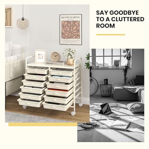 12-Drawer Rolling Cart with Drawers, Storage Cart with Universal Wheel & Metal Frame, Multipurpose Mobile Trolley Utility Cart for Makeup Kitchen Office Play Room
