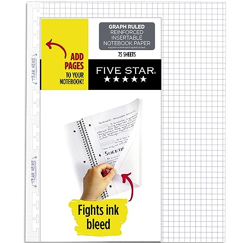Five Star Reinforced Insertable Graph Ruled Notebook Paper, 6 Pack, White, 8.5 x 11, 75 Sheets per Pack