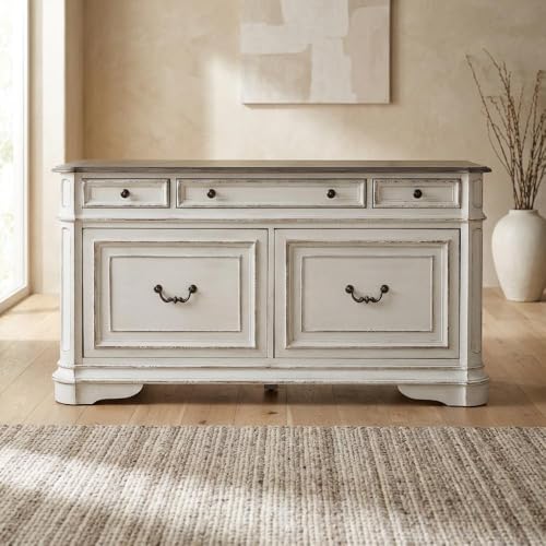 Bison office Antique White Credenza, European Traditional Style, Rubberwood Solids, White Oak and Birch Veneers, Ample Storage, Durable Construction