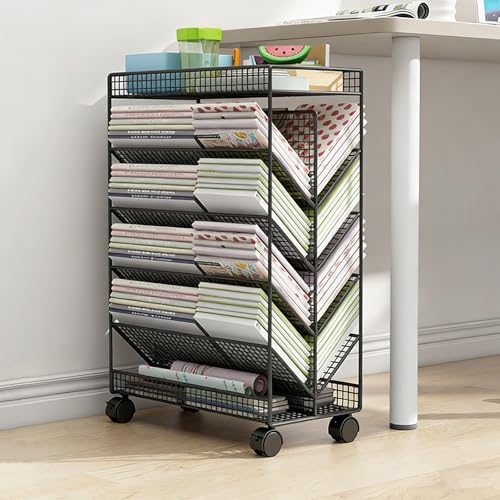 6 Tier Rolling Book Cart, Large Capacity Mobile Magazine Rack with Wheels, Space-Saving Double Sided V Shaped Metal Library Cart for Storing Books, Magazines, Newspapers(Black)