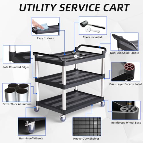 Utility Cart with Tangle-Free Wheels, Large Size 3 Tier Restaurant Cart