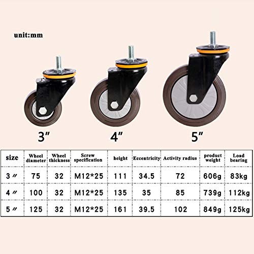 Mavvilo Heavy-Duty Rubber Casters Wheels 3-5 Inch M12 Thread 500Kg Load Capacity Quiet Dustproof Industrial Trolley 360掳 Swivel with Brake 4-Pack for Carts,5 Inch